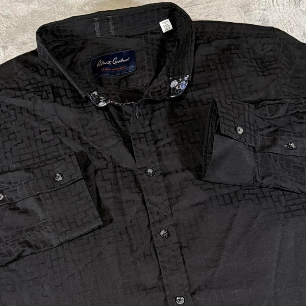 Limited Edition Robert Graham Subtle Geometric Textured Black Button Up | 2XL